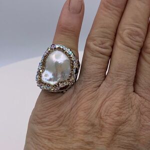 Ring, NWOT, real baroque pearl, high grade crystals, impressive statement size